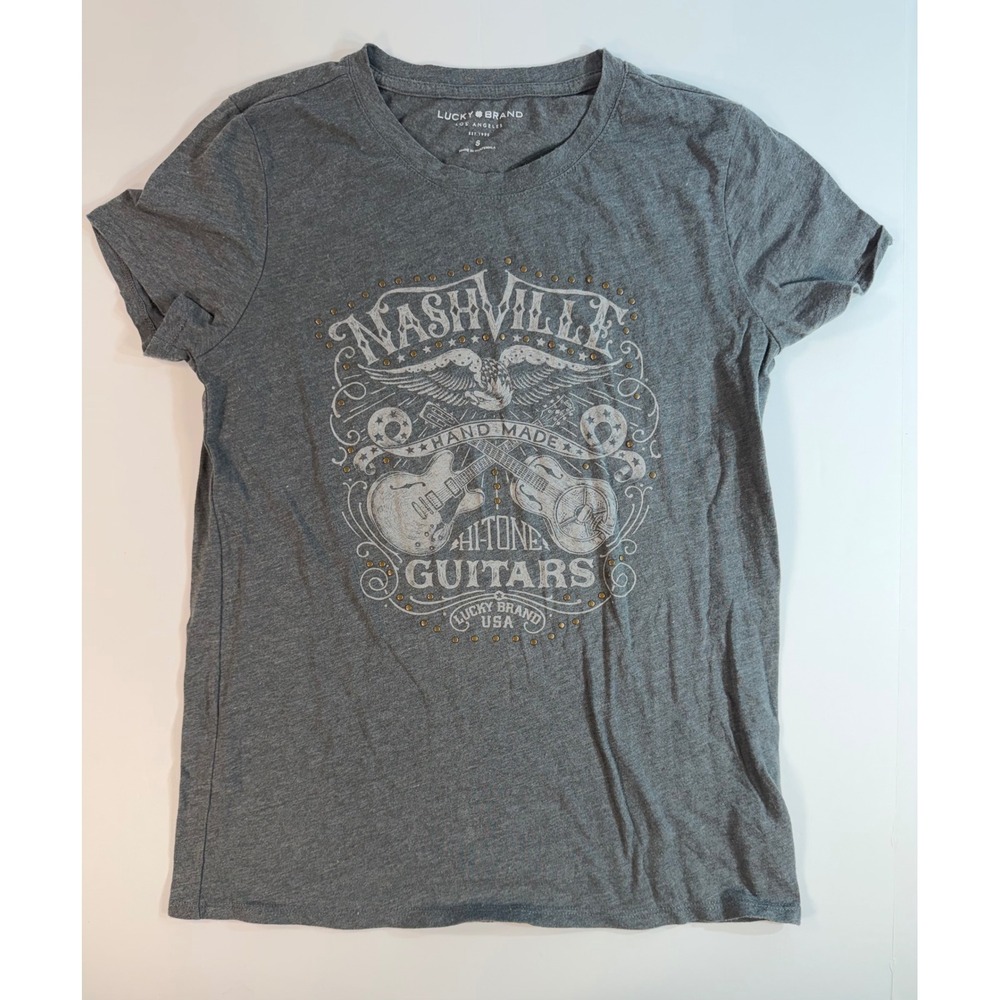 Lucky Brand Nashville Hi-Tone Guitars Graphic Tee Studded Gray Small